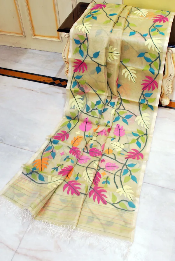 Premium_Quality_Jangla_Jaal_Work_Muslin_Silk_Dhakai_Jamdani_Saree_In_Tahuna_Sands_Black_And_Multicolor_Thread_Work