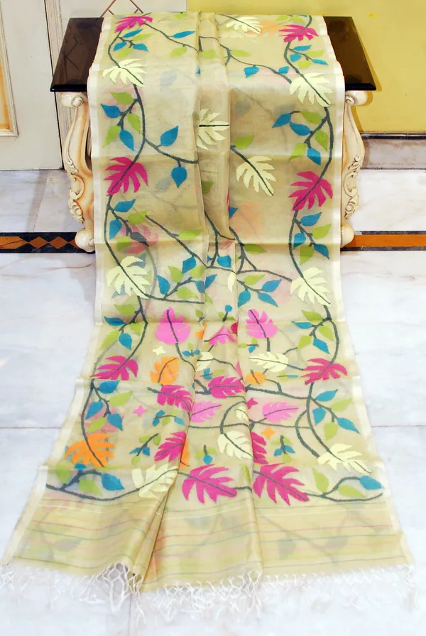Premium_Quality_Jangla_Jaal_Work_Muslin_Silk_Dhakai_Jamdani_Saree_In_Tahuna_Sands_Black_And_Multicolor_Thread_Work