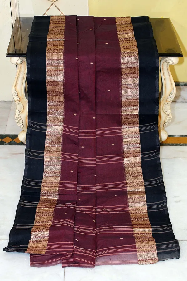 Bengal_Handloom_Cotton_Saree_In_Deep_Maroon_Matt_Gold_And_Black