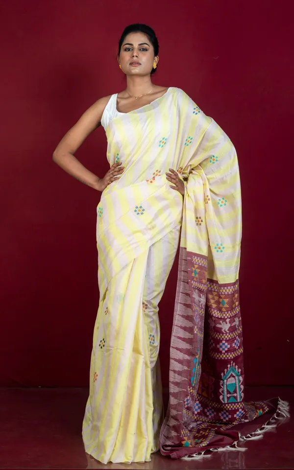 Hand_Woven_Striped_Raw_Silk_Saree_With_Dolabedi_Work_Pallu_In_Hampton_Yellow_Off_White_Red_Oxide_And_Multicolor