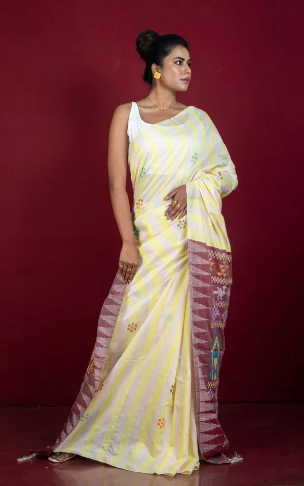 Hand_Woven_Striped_Raw_Silk_Saree_With_Dolabedi_Work_Pallu_In_Hampton_Yellow_Off_White_Red_Oxide_And_Multicolor