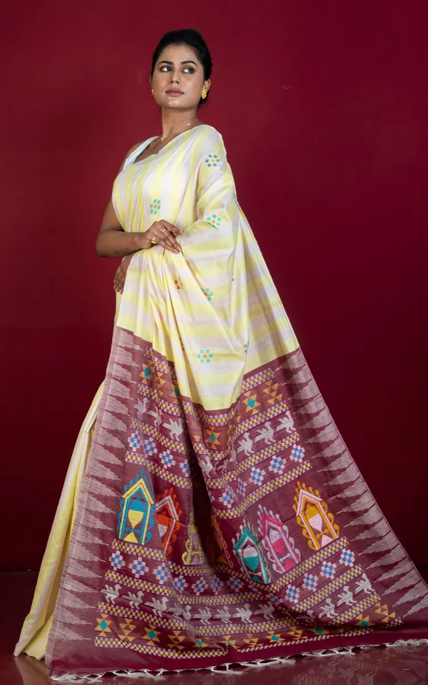 Hand_Woven_Striped_Raw_Silk_Saree_With_Dolabedi_Work_Pallu_In_Hampton_Yellow_Off_White_Red_Oxide_And_Multicolor
