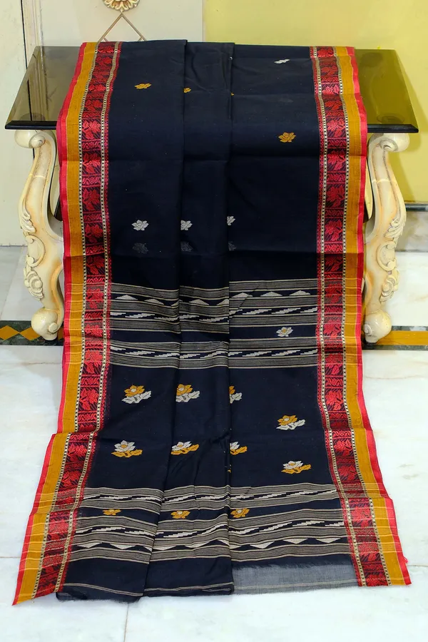 Medium_Size_Thread_Nakshi_Border_Premium_Quality_Bengal_Handloom_Cotton_Saree_In_Black_Red_Mustard_And_Beige
