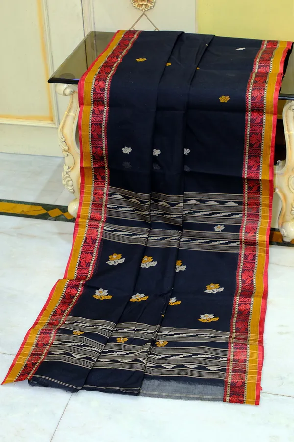 Medium_Size_Thread_Nakshi_Border_Premium_Quality_Bengal_Handloom_Cotton_Saree_In_Black_Red_Mustard_And_Beige