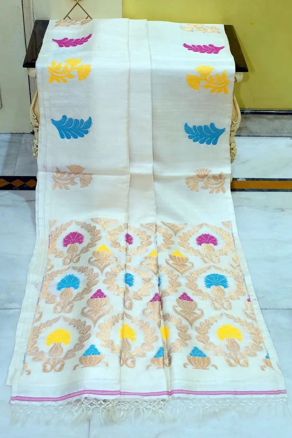 Premium_Quality_Tussar_Valkalam_Silk_With_Meenakari_Rich_Pallu_In_Off_White_Multicolor_And_Natural_Golden