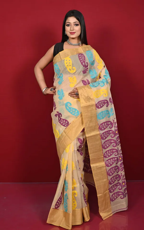 Hand_Woven_Paisley_Nakshi_Motif_Dhakai_Jamdani_Saree_In_Beige_Purple_Azure_And_Yellow