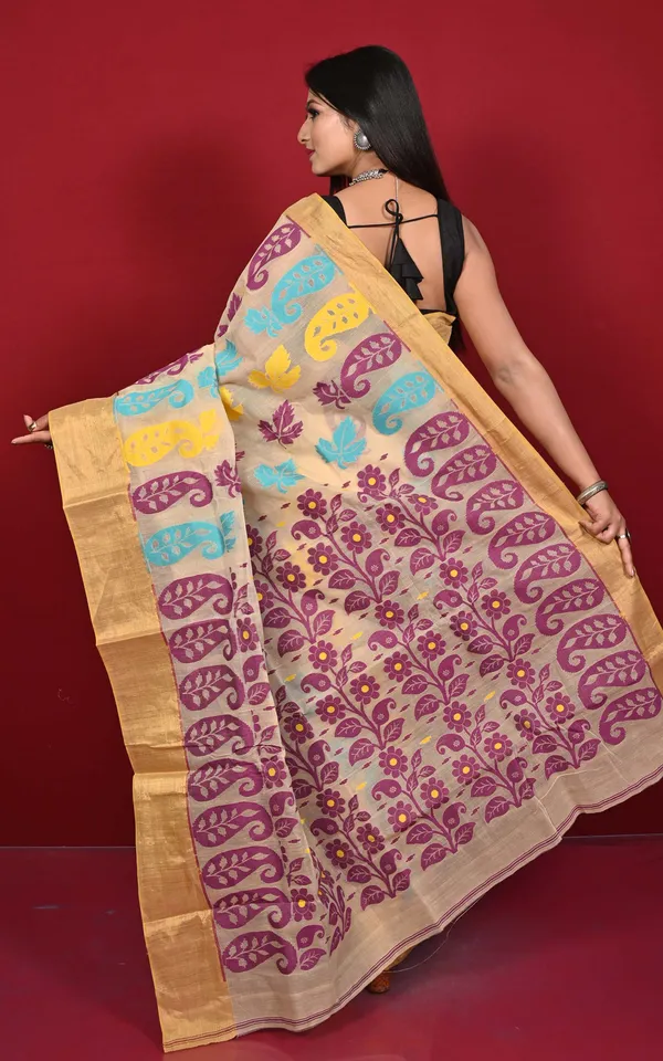 Hand_Woven_Paisley_Nakshi_Motif_Dhakai_Jamdani_Saree_In_Beige_Purple_Azure_And_Yellow