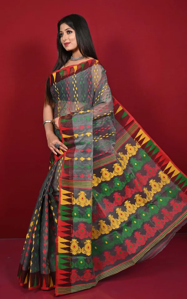 Multicolor_Crowned_Temple_Border_Hand_Woven_Jamdani_Saree_In_Dark_Grey_Red_Yellow_And_Green