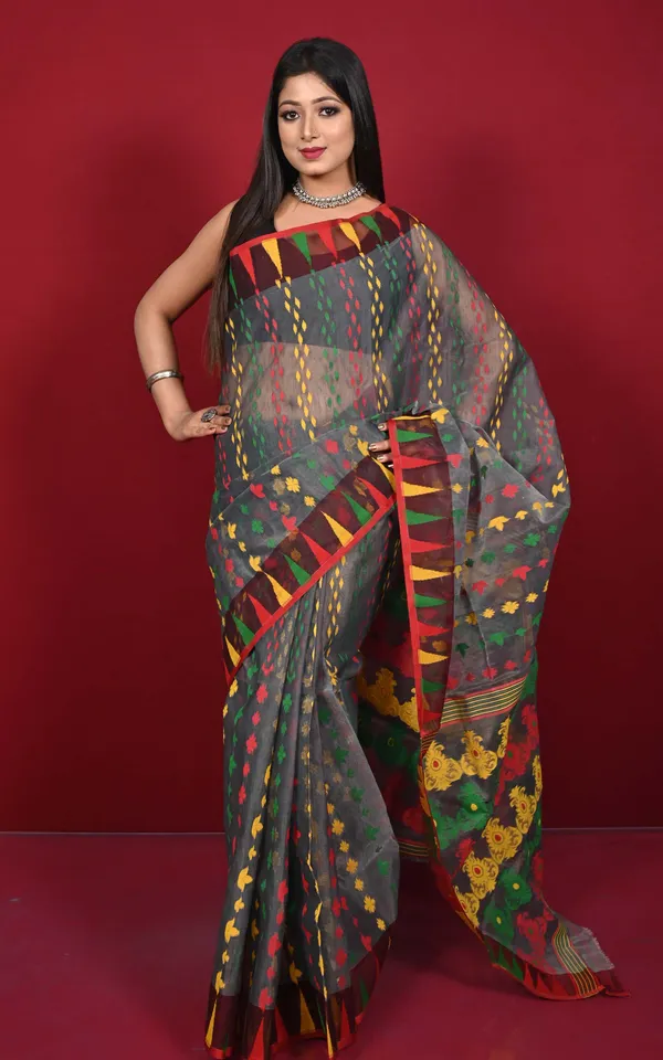 Multicolor_Crowned_Temple_Border_Hand_Woven_Jamdani_Saree_In_Dark_Grey_Red_Yellow_And_Green