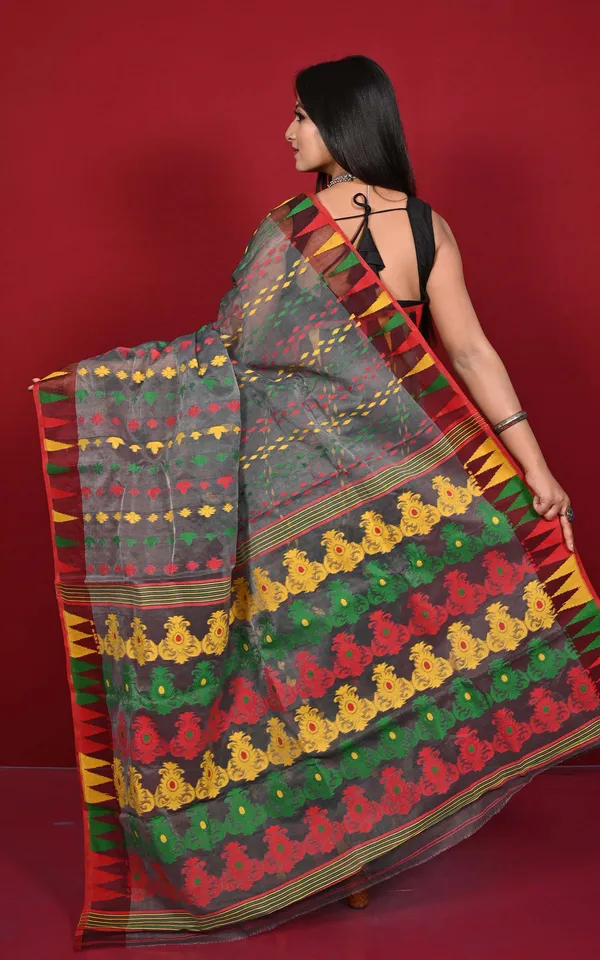 Multicolor_Crowned_Temple_Border_Hand_Woven_Jamdani_Saree_In_Dark_Grey_Red_Yellow_And_Green