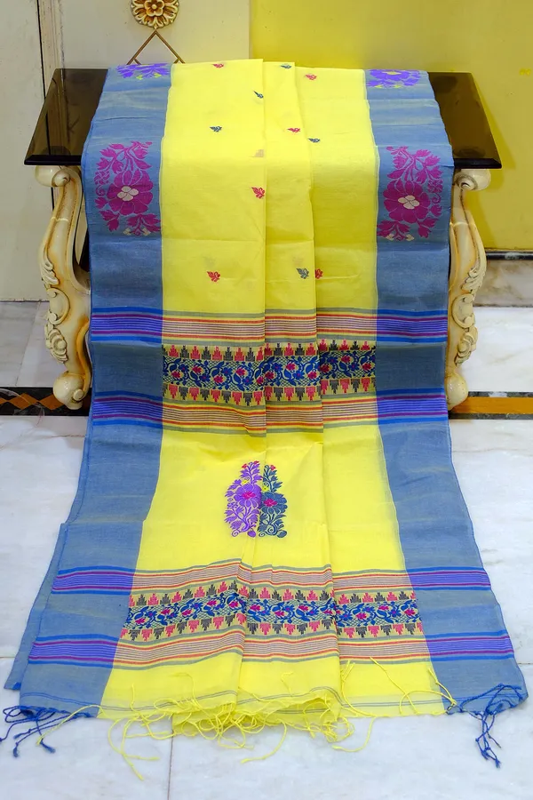 Woven_Jamdani_Nakshi_Work_Border_Premium_Quality_Bengal_Handloom_Cotton_Saree_In_Yellow_Blue_Magenta_And_Multicolor
