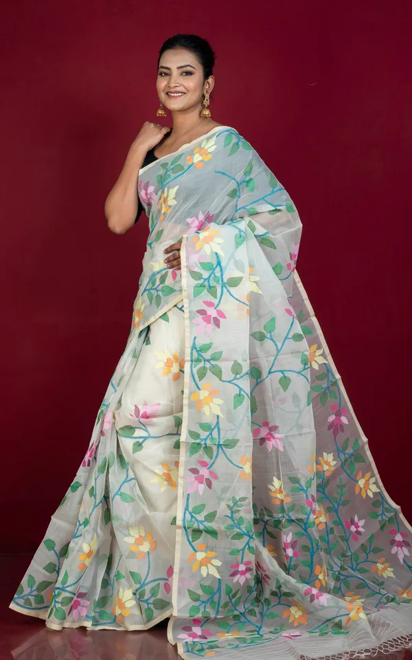 Premium_Quality_Jangla_Jaal_Lotus_Motif_Work_Muslin_Silk_Dhakai_Jamdani_In_Daisy_White_Beige_And_Multicolor_Thread_Work