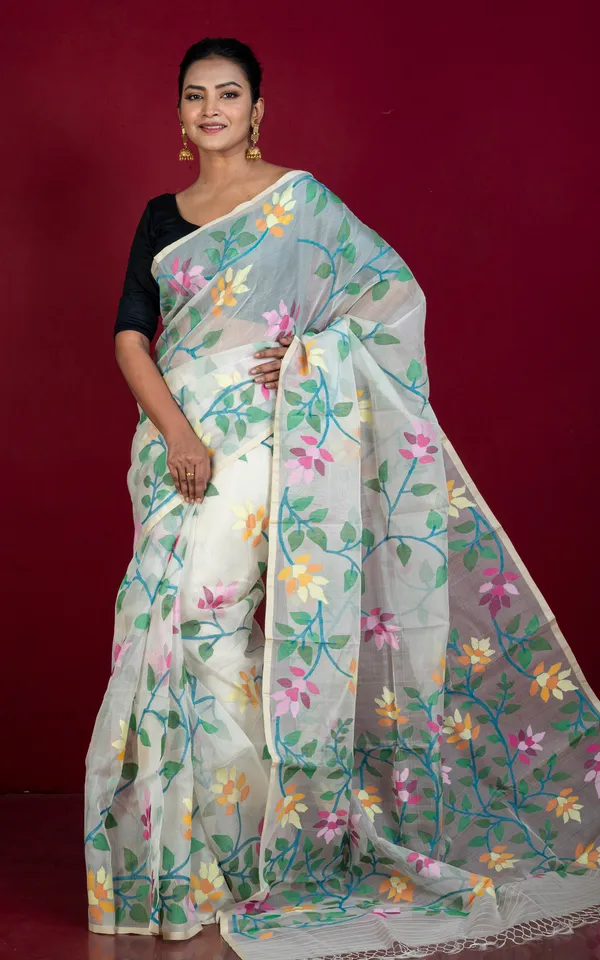 Premium_Quality_Jangla_Jaal_Lotus_Motif_Work_Muslin_Silk_Dhakai_Jamdani_In_Daisy_White_Beige_And_Multicolor_Thread_Work