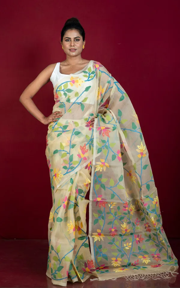 Premium_Quality_Jangla_Jaal_Lotus_Motif_Work_Muslin_Silk_Dhakai_Jamdani_In_Lemon_Chiffon_Blue_And_Multicolor_Thread_Work