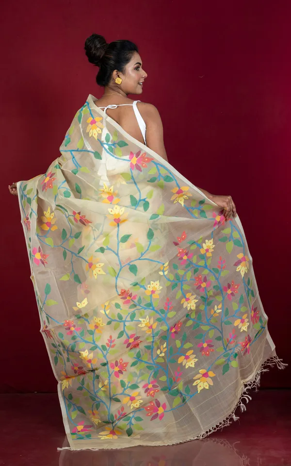 Premium_Quality_Jangla_Jaal_Lotus_Motif_Work_Muslin_Silk_Dhakai_Jamdani_In_Lemon_Chiffon_Blue_And_Multicolor_Thread_Work