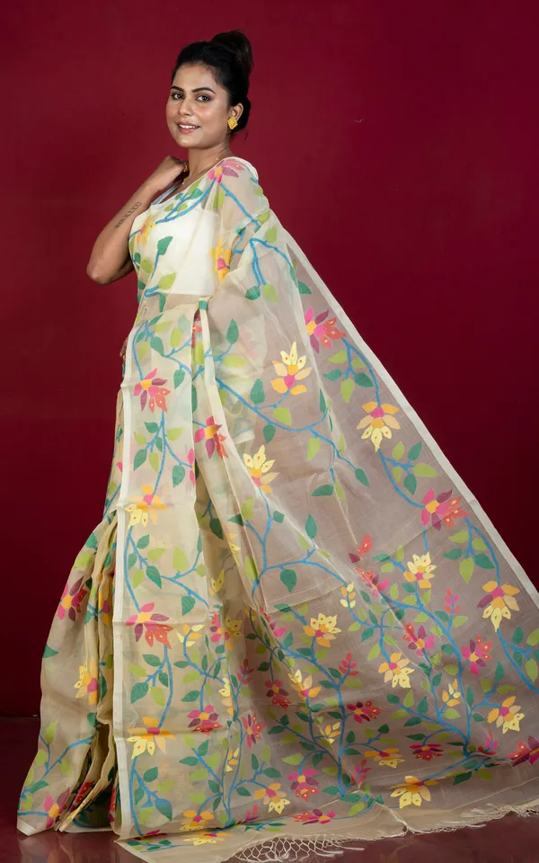 Premium_Quality_Jangla_Jaal_Lotus_Motif_Work_Muslin_Silk_Dhakai_Jamdani_In_Lemon_Chiffon_Blue_And_Multicolor_Thread_Work
