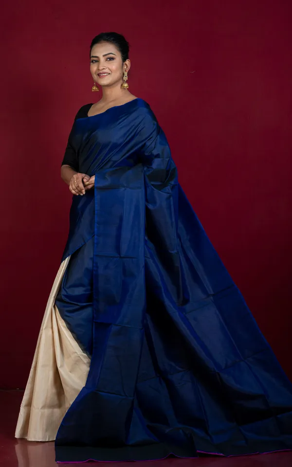 Designer_Half_Bishnupuri_Katan_Pure_Silk_And_Half_Gachi_Tussar_Silk_Saree_In_Prussian_Blue_And_Beige