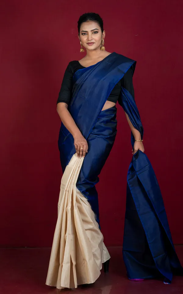 Designer_Half_Bishnupuri_Katan_Pure_Silk_And_Half_Gachi_Tussar_Silk_Saree_In_Prussian_Blue_And_Beige
