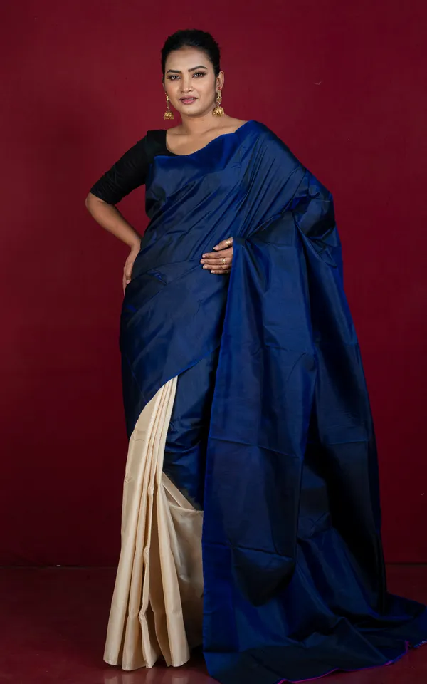Designer_Half_Bishnupuri_Katan_Pure_Silk_And_Half_Gachi_Tussar_Silk_Saree_In_Prussian_Blue_And_Beige