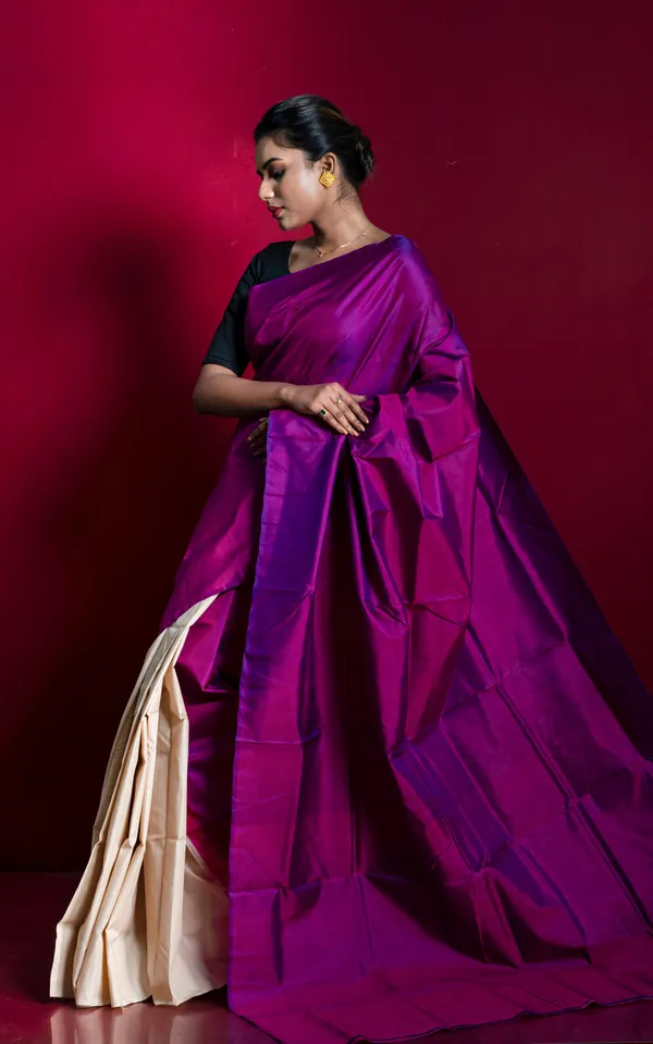 Designer_Half_Bishnupuri_Katan_Pure_Silk_And_Half_Gachi_Tussar_Silk_Saree_In_Dark_Magenta_And_Beige
