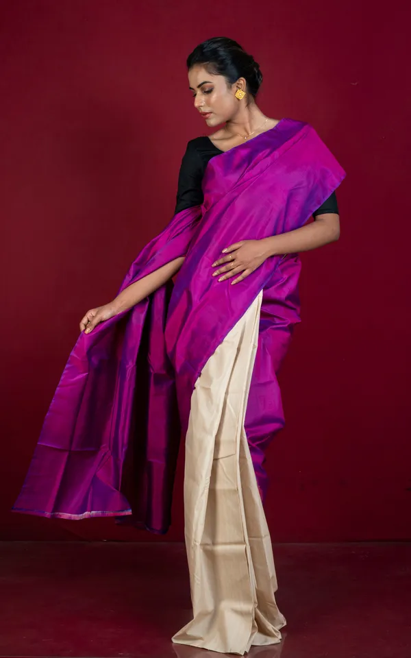 Designer_Half_Bishnupuri_Katan_Pure_Silk_And_Half_Gachi_Tussar_Silk_Saree_In_Dark_Magenta_And_Beige
