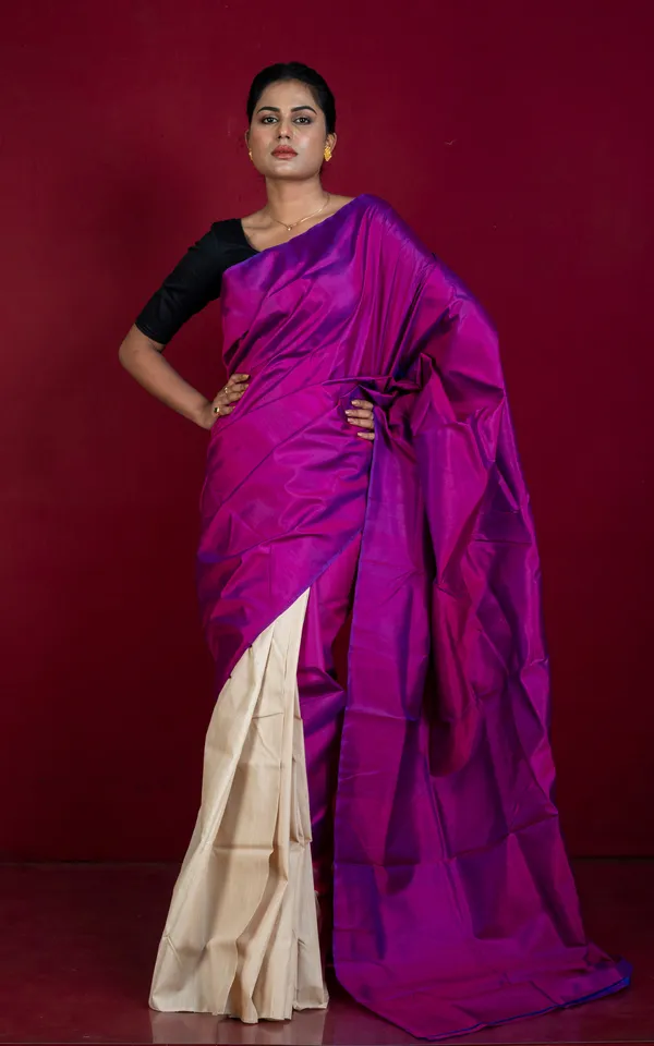 Designer_Half_Bishnupuri_Katan_Pure_Silk_And_Half_Gachi_Tussar_Silk_Saree_In_Dark_Magenta_And_Beige
