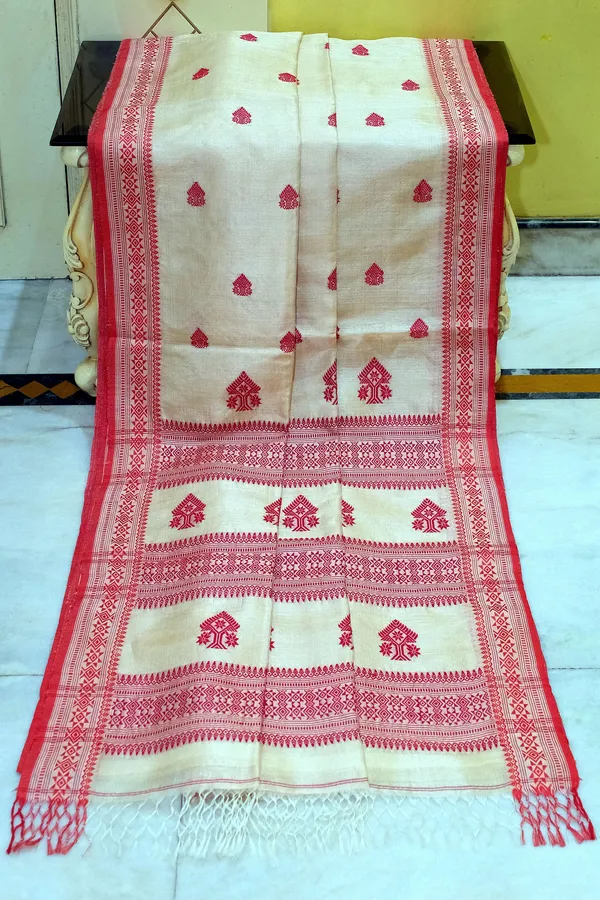 Premium_Quality_Assamese_Nakshi_Motif_Inspired_Hand_Woven_Work_On_Tussar_Silk_Saree_In_Beige_And_Red