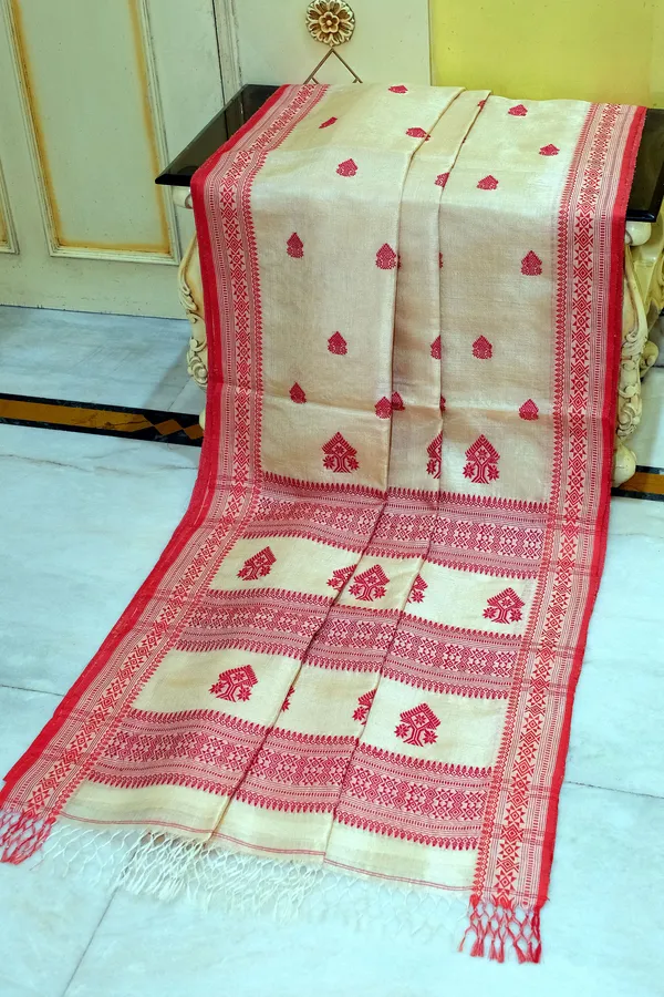 Premium_Quality_Assamese_Nakshi_Motif_Inspired_Hand_Woven_Work_On_Tussar_Silk_Saree_In_Beige_And_Red