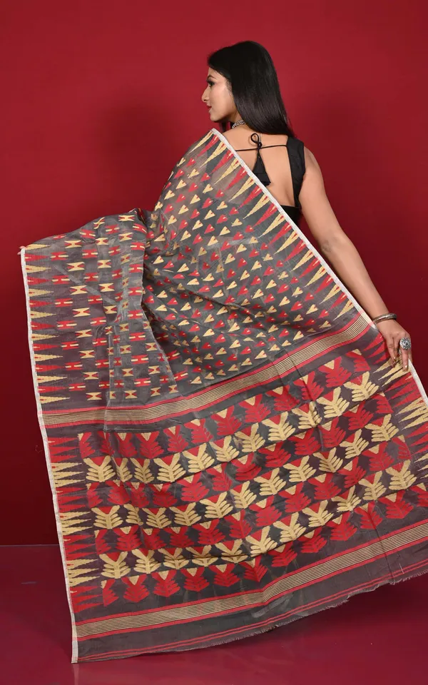 Crowned_Temple_Border_Hand_Woven_Geometric_Nakshi_Butta_Work_Cotton_Muslin_Jamdani_Saree_In_Gray_Parmesan_And_Red