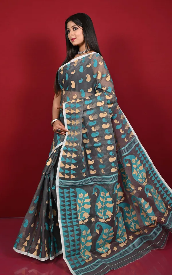 Crowned_Temple_Border_Hand_Woven_Nakshi_Butta_Work_Cotton_Muslin_Jamdani_Saree_In_Gray_Parmesan_And_Cyan