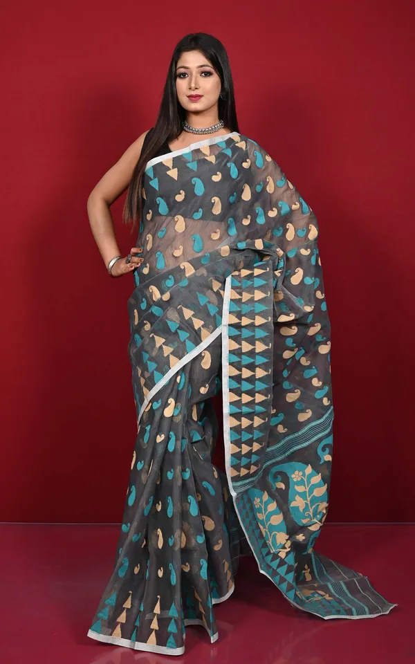 Crowned_Temple_Border_Hand_Woven_Nakshi_Butta_Work_Cotton_Muslin_Jamdani_Saree_In_Gray_Parmesan_And_Cyan