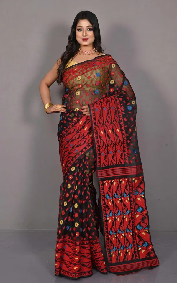 Karat_Skirt_Nakshi_Border_Work_Soft_Hand_Woven_Jamdani_Saree_In_Black_And_Multicolor