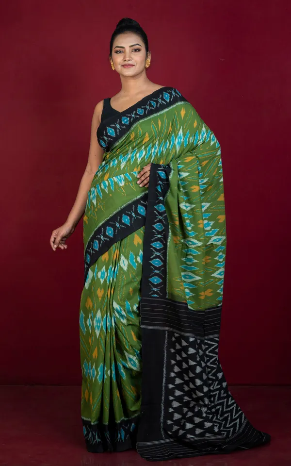 Soft_Mercerized_Cotton_Ikkat_Pochampally_Saree_In_Olive_Green_Black_And_Off_White