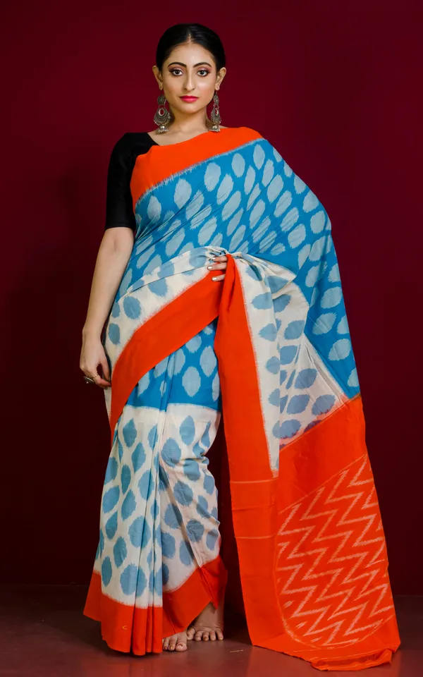 Soft_Mercerized_Cotton_Ikkat_Pochampally_Saree_In_Cyan_Off_White_And_Orange