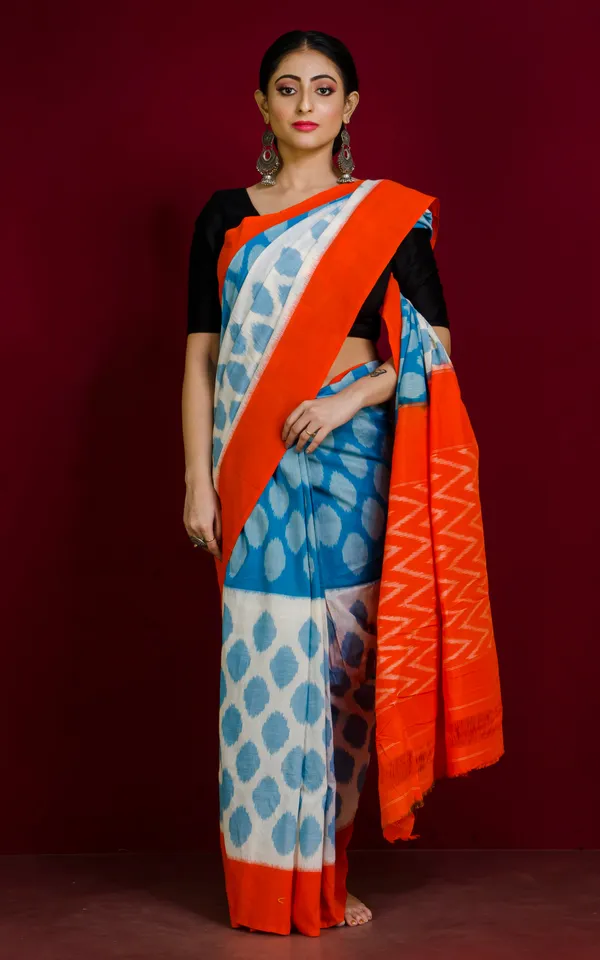Soft_Mercerized_Cotton_Ikkat_Pochampally_Saree_In_Cyan_Off_White_And_Orange