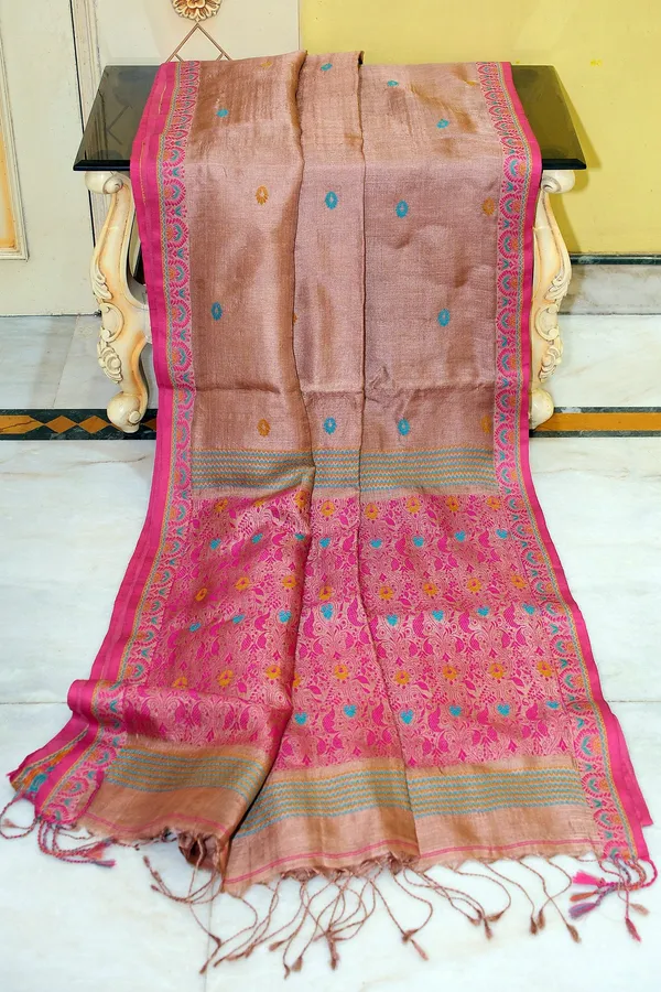 Premium_Quality_Tussar_Silk_Nakshi_Work_Saree_In_Brandy_Rose_Deep_Matt_Pink_Mustard_And_Cerulean_Blue