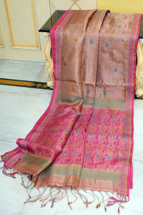 Premium_Quality_Tussar_Silk_Nakshi_Work_Saree_In_Brandy_Rose_Deep_Matt_Pink_Mustard_And_Cerulean_Blue