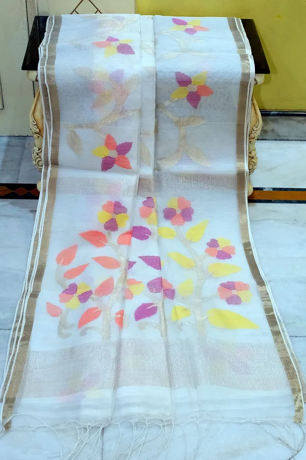 Muslin_Silk_Jamdani_Saree_In_Off_White_Gold_Zari_And_Multicolor_Thread_Work