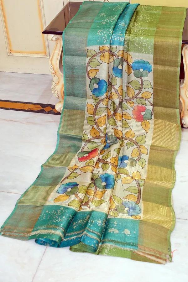 Shibori_Kalamkari_Soft_Tussar_Silk_Saree_With_Matte_Finish_Zari_Border_And_In_Keppel_Green_Amazon_Green_And_Olive_Green