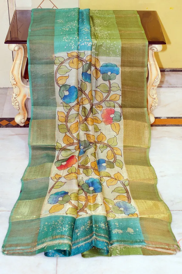 Shibori_Kalamkari_Soft_Tussar_Silk_Saree_With_Matte_Finish_Zari_Border_And_In_Keppel_Green_Amazon_Green_And_Olive_Green