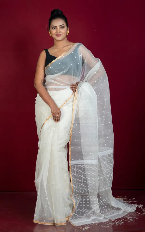 Hand_Woven_Satin_Silk_Slim_Border_Solapuri_Soft_Muslin_Silk_Jamdani_Saree_In_Off_White_White_And_Golden