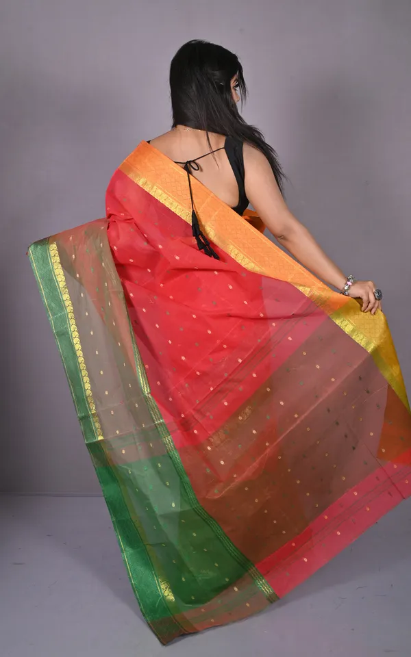Designer_Bengal_Tangail_Hazar_Butti_Cotton_Saree_In_Red_Bottle_Green_And_Warm_Beige