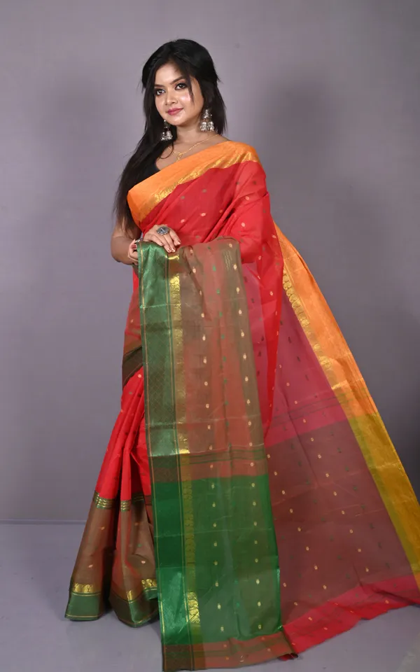Designer_Bengal_Tangail_Hazar_Butti_Cotton_Saree_In_Red_Bottle_Green_And_Warm_Beige