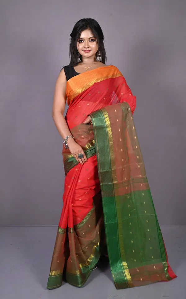 Designer_Bengal_Tangail_Hazar_Butti_Cotton_Saree_In_Red_Bottle_Green_And_Warm_Beige