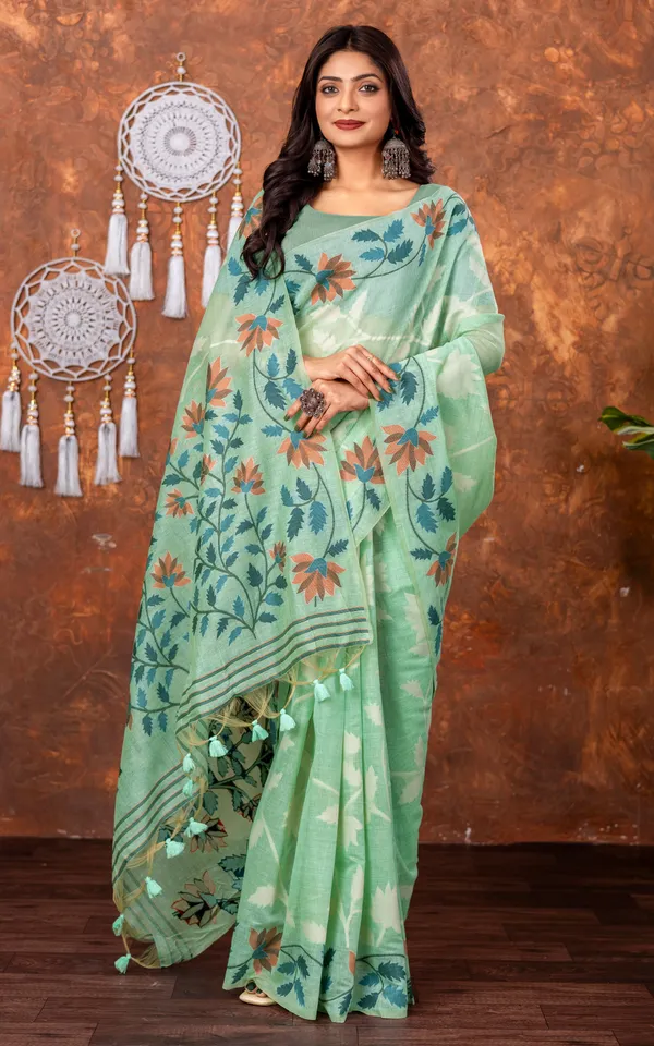 Traditional_Floral_Nakshi_Skirt_Work_Soft_Jamdani_Saree_In_Sea_Green_Off_White_And_Multicolor