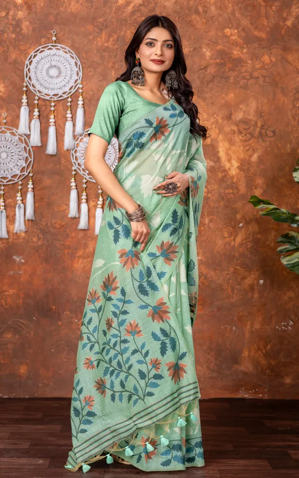 Traditional_Floral_Nakshi_Skirt_Work_Soft_Jamdani_Saree_In_Sea_Green_Off_White_And_Multicolor