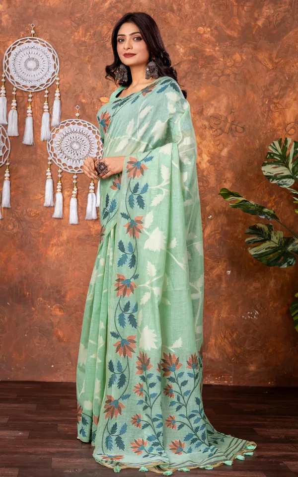 Traditional_Floral_Nakshi_Skirt_Work_Soft_Jamdani_Saree_In_Sea_Green_Off_White_And_Multicolor