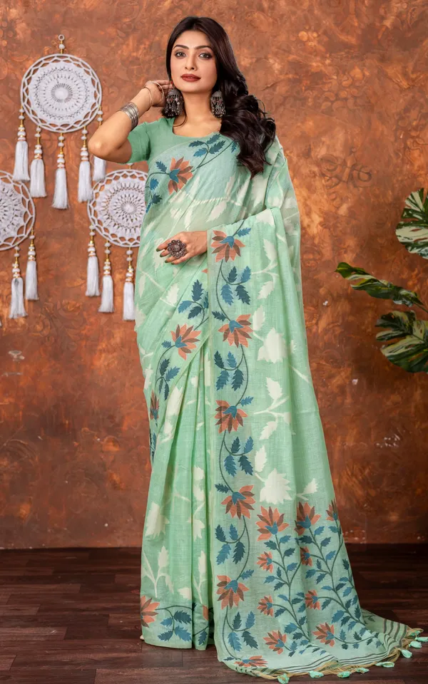 Traditional_Floral_Nakshi_Skirt_Work_Soft_Jamdani_Saree_In_Sea_Green_Off_White_And_Multicolor