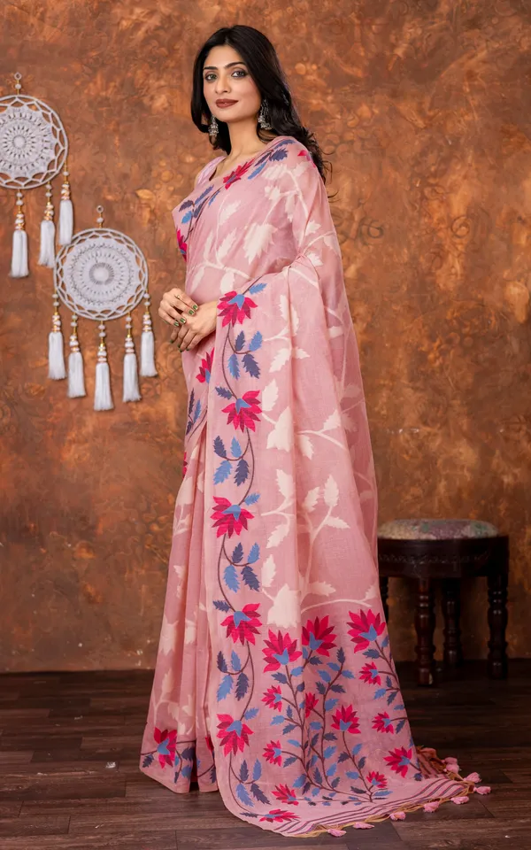 Traditional_Floral_Nakshi_Skirt_Work_Soft_Jamdani_Saree_In_Pastel_Pink_Off_White_And_Multicolor