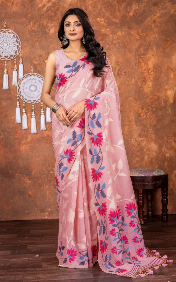 Traditional_Floral_Nakshi_Skirt_Work_Soft_Jamdani_Saree_In_Pastel_Pink_Off_White_And_Multicolor